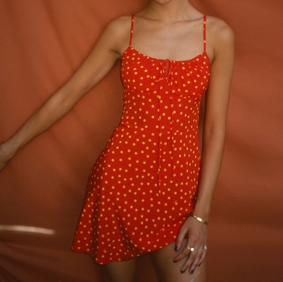 Realisation Par Dresses & Skirts - Realisation Inez in 'Rossa' Red & Yellow Polka Dot Print Silk Dress Medium US 6